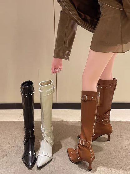 Punk Style Knee High Boots – Pointed Toe Rivet Buckle Boots for Women