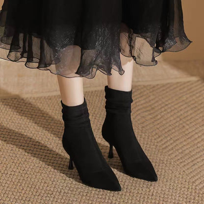 Women’s Suede Slouch Ankle Boots – Pointed Toe High Heels for Autumn & Winter