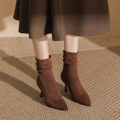 Women’s Suede Slouch Ankle Boots – Pointed Toe High Heels for Autumn & Winter