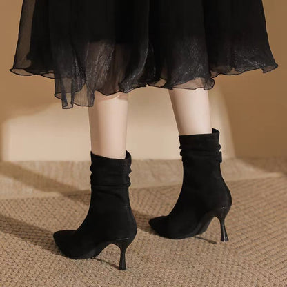 Women’s Suede Slouch Ankle Boots – Pointed Toe High Heels for Autumn & Winter