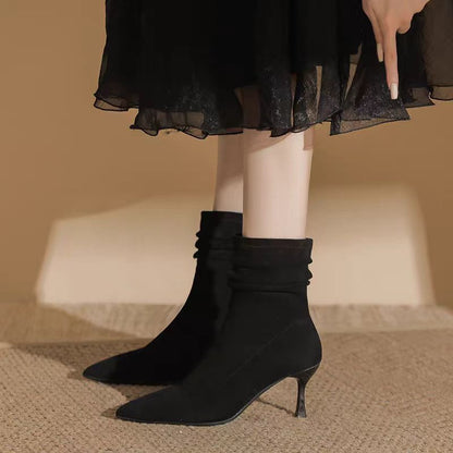 Women’s Suede Slouch Ankle Boots – Pointed Toe High Heels for Autumn & Winter