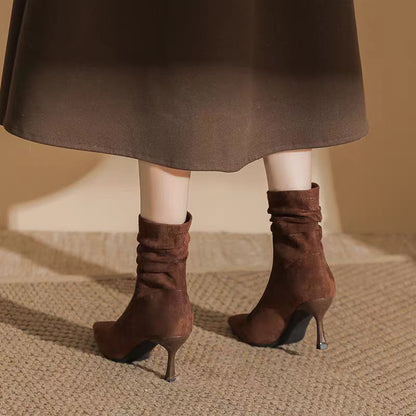 Women’s Suede Slouch Ankle Boots – Pointed Toe High Heels for Autumn & Winter