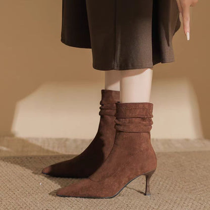 Women’s Suede Slouch Ankle Boots – Pointed Toe High Heels for Autumn & Winter