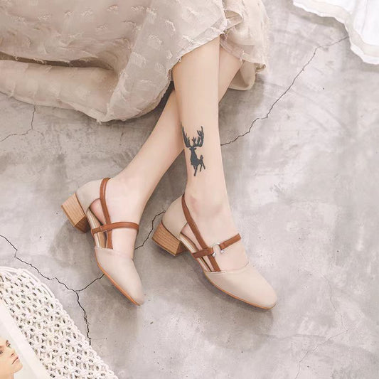 Vintage Colorblock Mary Jane Heels – Low Chunky Heel with Strap