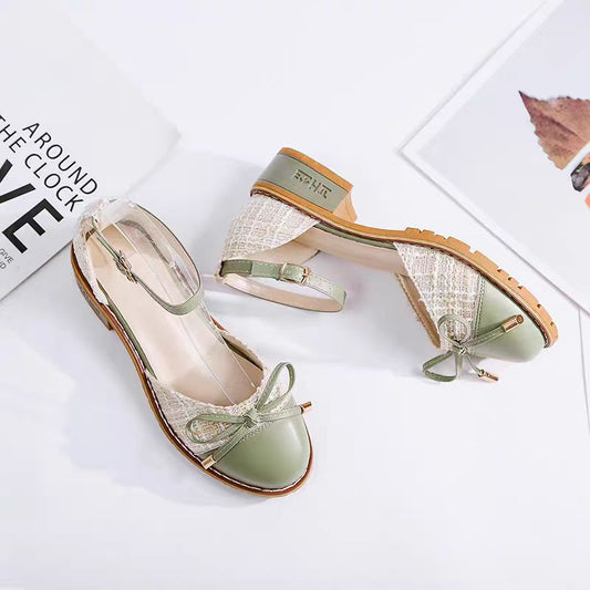 Elegant Tweed Bowknot Block Heel Shoes – Chic Square Toe with Ankle Strap