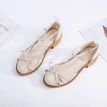 Elegant Tweed Bowknot Block Heel Shoes – Chic Square Toe with Ankle Strap