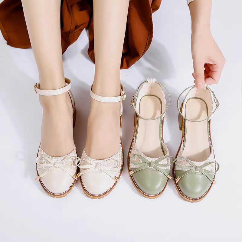 Elegant Tweed Bowknot Block Heel Shoes – Chic Square Toe with Ankle Strap
