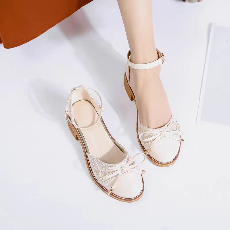 Elegant Tweed Bowknot Block Heel Shoes – Chic Square Toe with Ankle Strap