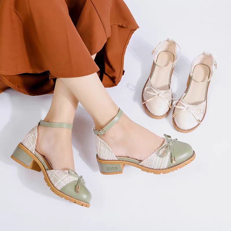 Elegant Tweed Bowknot Block Heel Shoes – Chic Square Toe with Ankle Strap