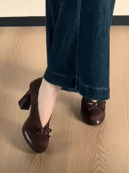 Retro Bow Platform High Heels – Chunky Heel Pumps for Elegant Women