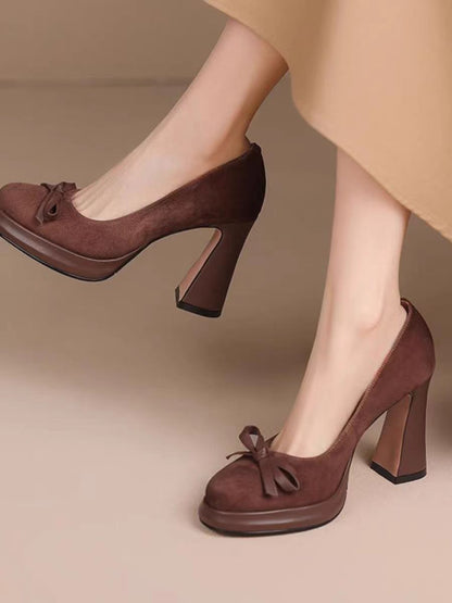 Retro Bow Platform High Heels – Chunky Heel Pumps for Elegant Women