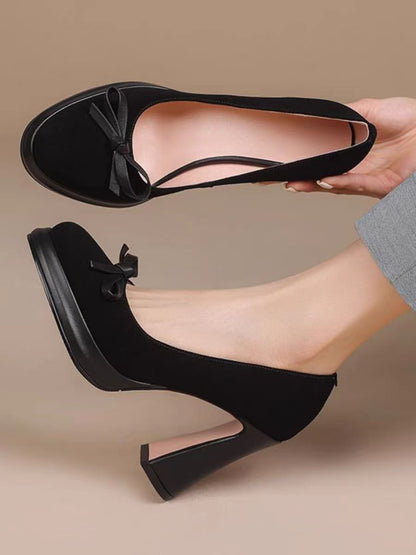 Retro Bow Platform High Heels – Chunky Heel Pumps for Elegant Women