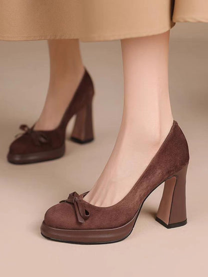 Retro Bow Platform High Heels – Chunky Heel Pumps for Elegant Women