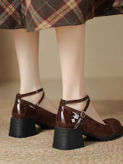 Vintage Suede T-Strap Flats – Brown Retro Mary Jane Shoes for Women
