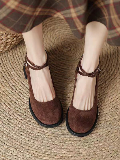 Vintage Suede T-Strap Flats – Brown Retro Mary Jane Shoes for Women