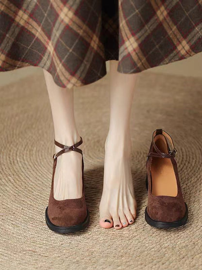 Vintage Suede T-Strap Flats – Brown Retro Mary Jane Shoes for Women
