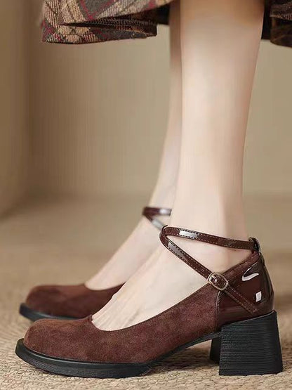 Vintage Suede T-Strap Flats – Brown Retro Mary Jane Shoes for Women