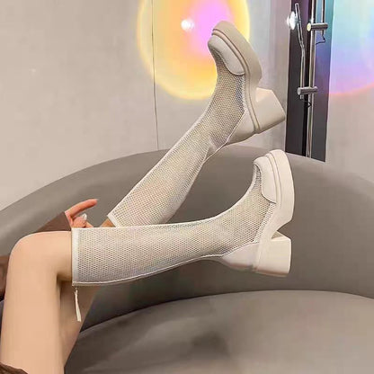 Wholesale Knee-High Mesh Boots with Chunky Heel