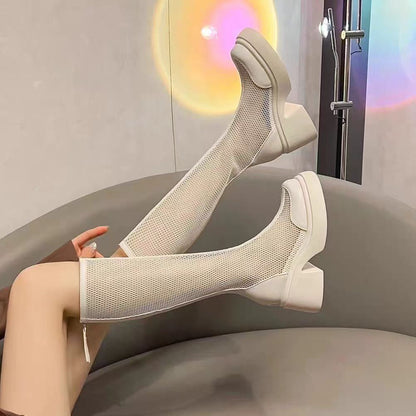 Wholesale Knee-High Mesh Boots with Chunky Heel