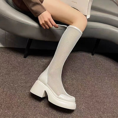 Wholesale Knee-High Mesh Boots with Chunky Heel