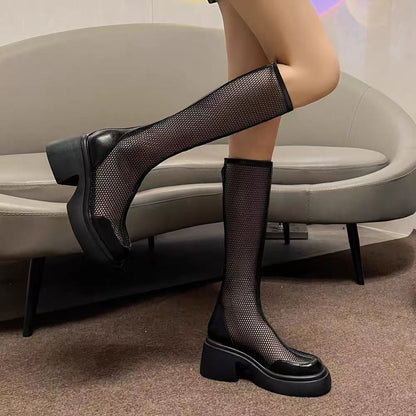 Wholesale Knee-High Mesh Boots with Chunky Heel