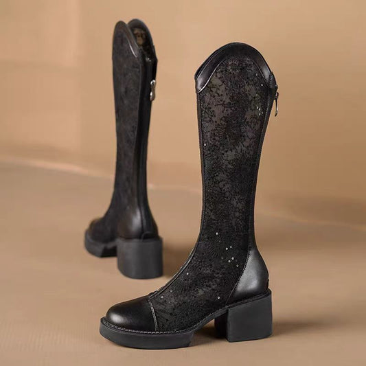 Elegant Lace Knee-High Boots with Block Heel