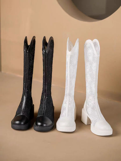 Elegant Lace Knee-High Boots with Block Heel