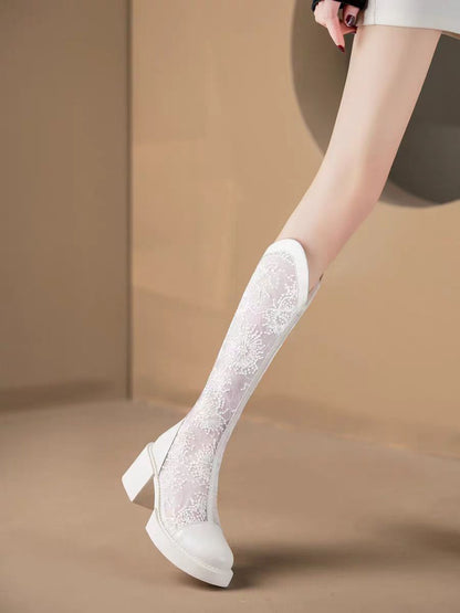 Elegant Lace Knee-High Boots with Block Heel