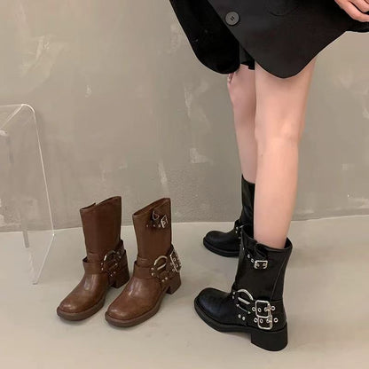 Wholesale Women’s Biker Boots with Metal Buckles | Fashion Mid-Calf Boots