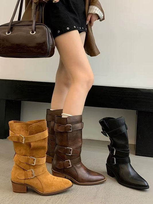 Women’s Multi-Strap Mid-Calf Riding Boots | Retro Biker Style