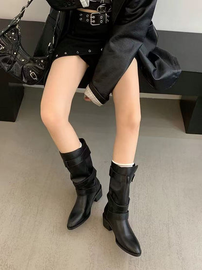 Women’s Multi-Strap Mid-Calf Riding Boots | Retro Biker Style