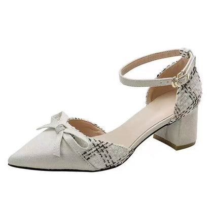 Tweed Bow Block Heels – Women’s Pointed Toe Ankle Strap Shoes