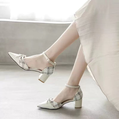 Tweed Bow Block Heels – Women’s Pointed Toe Ankle Strap Shoes