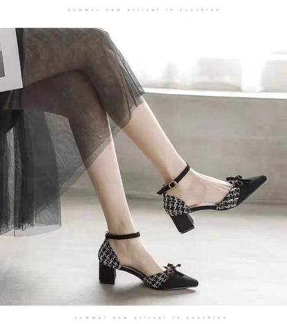 Tweed Bow Block Heels – Women’s Pointed Toe Ankle Strap Shoes