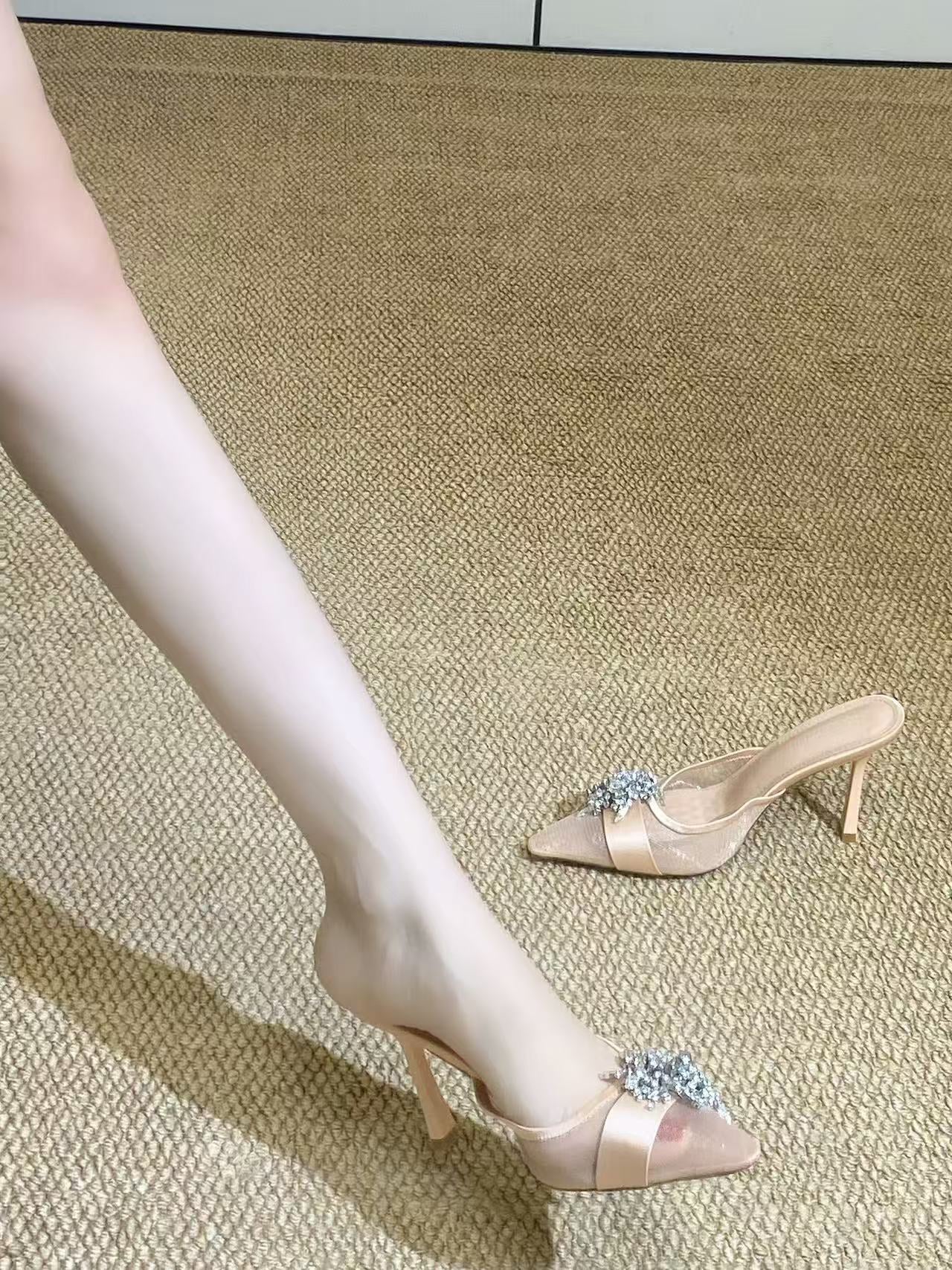 Rhinestone Embellished Pointed Toe High Heel Sandals – Sparkling Confidence & Elegance