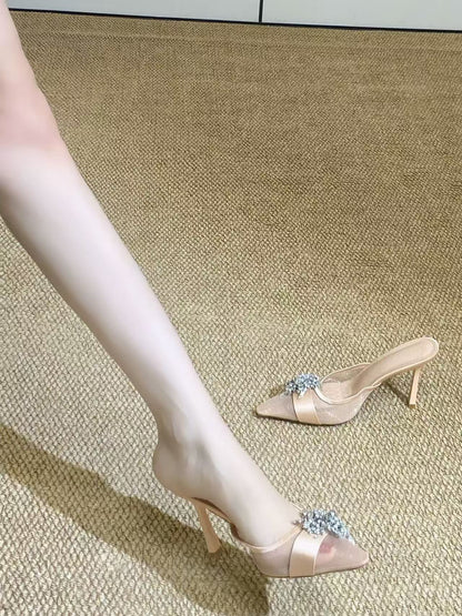 Rhinestone Embellished Pointed Toe High Heel Sandals – Sparkling Confidence & Elegance