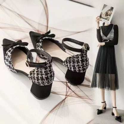 Tweed Bow Block Heels – Women’s Pointed Toe Ankle Strap Shoes