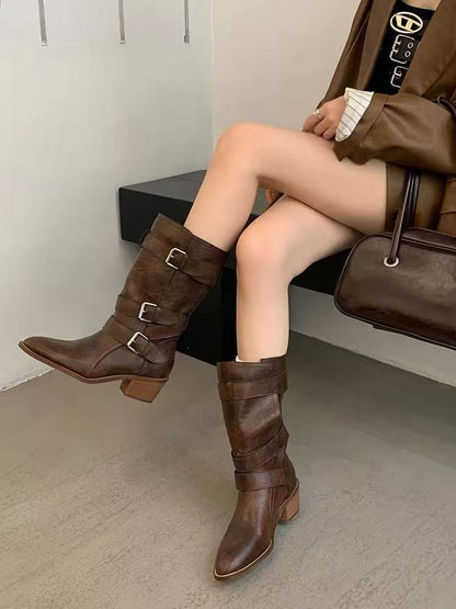 Women’s Multi-Strap Mid-Calf Riding Boots | Retro Biker Style