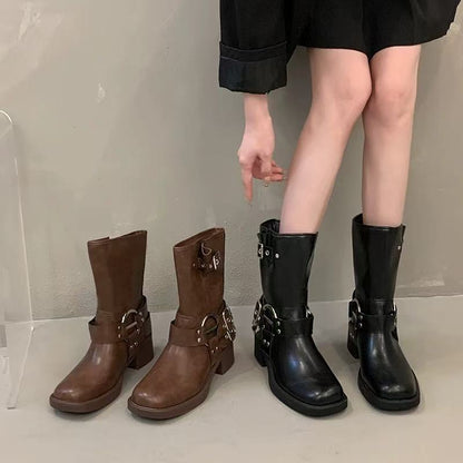 Wholesale Women’s Biker Boots with Metal Buckles | Fashion Mid-Calf Boots