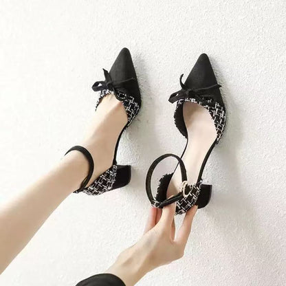 Tweed Bow Block Heels – Women’s Pointed Toe Ankle Strap Shoes