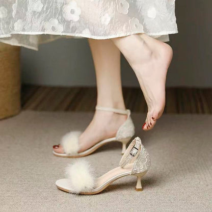Elegant Fluffy Strap Sandals – Women’s Open Toe Summer Heels