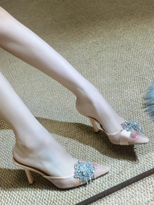Rhinestone Embellished Pointed Toe High Heel Sandals – Sparkling Confidence & Elegance
