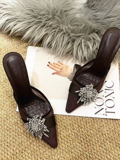 Rhinestone Embellished Pointed Toe High Heel Sandals – Sparkling Confidence & Elegance