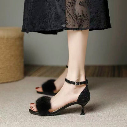 Elegant Fluffy Strap Sandals – Women’s Open Toe Summer Heels