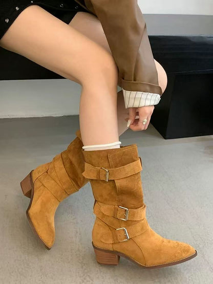 Women’s Multi-Strap Mid-Calf Riding Boots | Retro Biker Style