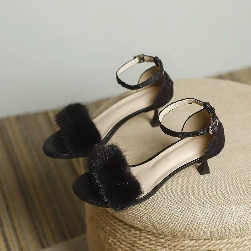 Elegant Fluffy Strap Sandals – Women’s Open Toe Summer Heels
