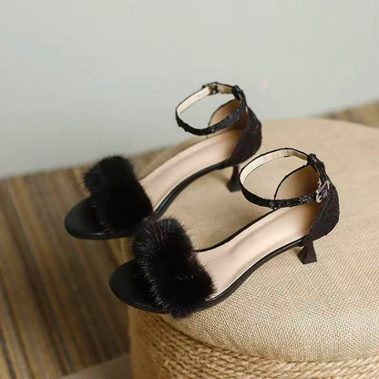 Elegant Fluffy Strap Sandals – Women’s Open Toe Summer Heels