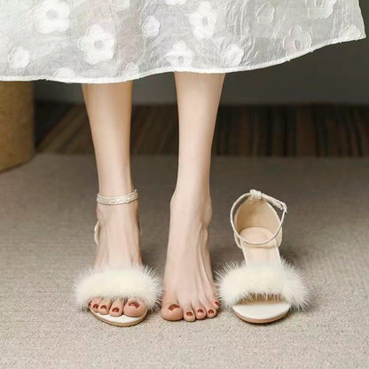 Elegant Fluffy Strap Sandals – Women’s Open Toe Summer Heels