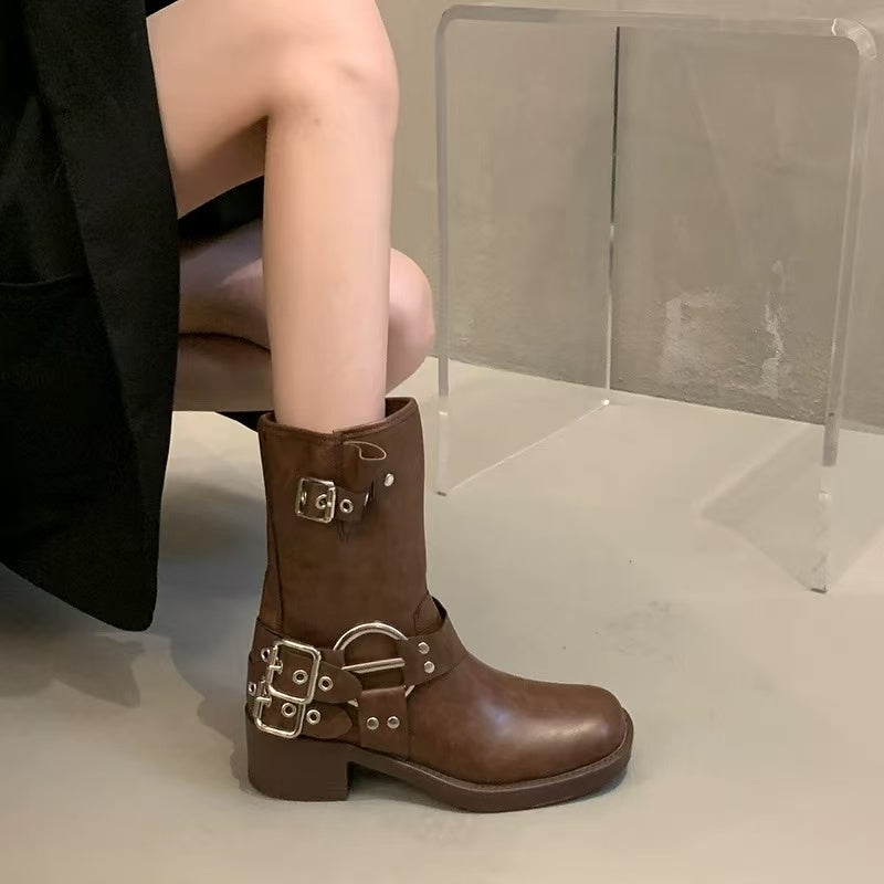 Wholesale Women’s Biker Boots with Metal Buckles | Fashion Mid-Calf Boots