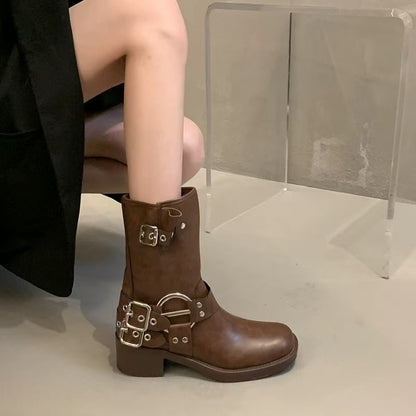 Wholesale Women’s Biker Boots with Metal Buckles | Fashion Mid-Calf Boots